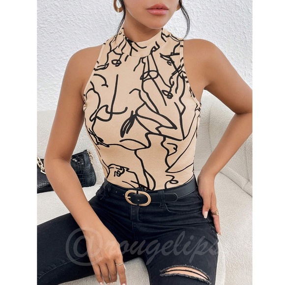 Abstract Face Print Tan Sleeveless Top Slim Fit High Neck - Picture 3 of 9